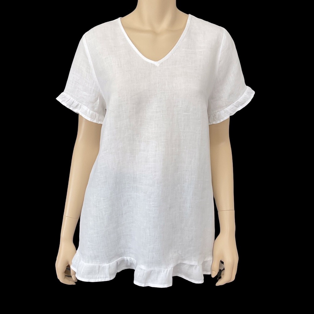 Match Point Top Women Small‎ White Linen Short Sleeve V Neck Ruffle